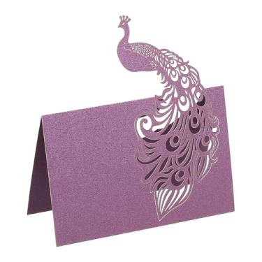 Imagem de PATIKIL 50 peças de cartões de casamento, corte a laser, com nome de pavão, cartão de mesa, papel com glitter perolado para mesa, recepção de casamento, buffet, festa de negócios, roxo escuro