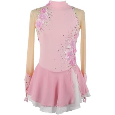 Imagem de Meninas Patinação Artística Vestido Terno De Competição Mulheres Mangas Compridas Strass Ginástica Collant Ballet Dança Outfit, Light Pink, XXL