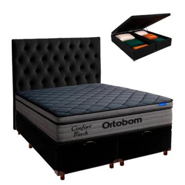 Imagem de Cama Box Bau Preto + Cabeceira + Colchão Queen Confort Black Ortobom