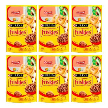 Imagem de Kit 6 Ração para Gatos Friskies Adultos Sachê Sabor Carne ao Molho com 85g