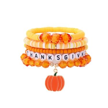 Imagem de NewZenro Pulseiras elásticas com pingente de abóbora fofas banhadas a ouro Heishi Argila Amarelo Laranja Cristal Miçanga Empilhável Joias Modernas para Ação de Graças Mãe Bff Outono Festa de Férias