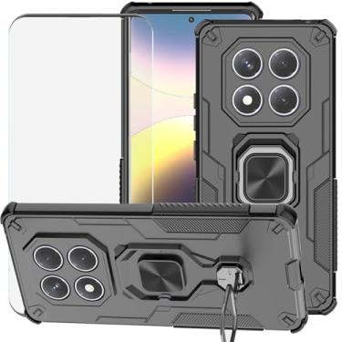 Imagem de LosruGir Capa para Xiaomi Redmi Note 14 Pro Plus, armadura híbrida resistente à prova de choque Defender Kickstand capa traseira rígida com protetor de tela de vidro temperado, preta