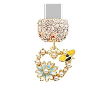 Imagem de ELISE & FONDA TP873 Tipo-C Porta de Carregamento Cristal Antipoeira Plugue Pequeno Coração de Amor com Abelha Mel e Margarida Berloque Celular para iPhone 15/16/Samsung/OnePlus/Xiaomi/Oppo Telefones