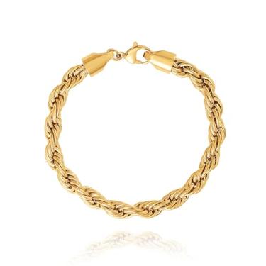 Imagem de Lucky Brand Pulseira masculina de corrente de corda de aço inoxidável - 8 mm banhado a ouro 23 cm durável joia de elos 316L