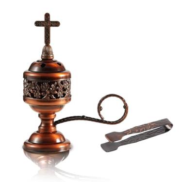 Imagem de Queimador de incenso de cobre com pinça – suporte de incenso de carvão de olíbano, aromaterapia, spa, decoração de casa e uso na igreja – Suporte Bakhoor compacto e durável
