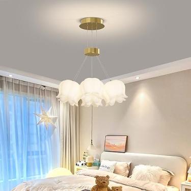 Imagem de Lustre pendente de 7 luzes de flores brancas para quarto de meninas Lustre floral de tulipa de leite Grande luminária de teto moderna para sala de estar Ilha de cozinha Mesa de jantar Hall d