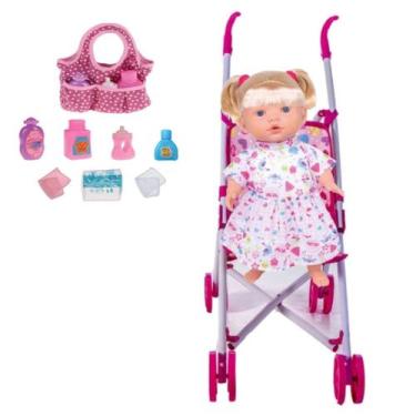 Imagem de Boneca Marcelle Frases Loira Bebezinha e Carrinho e Bolsa - Milk Brinq