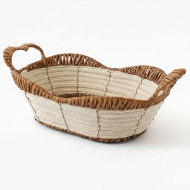 Imagem de Cesto Decorativo Oval 38cm para Pães e Frutas – Fruteira de Mesa em Plástico com Detalhes em Metal, Elegante e Resistente para Cozinha e Sala (Marrom Claro)