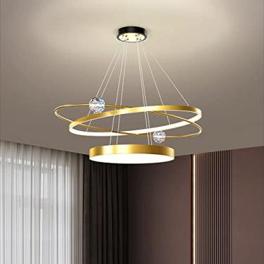 Imagem de Luminária Retro, Luminária Pendente LED para Sala de Estar e Cozinha, Coleção 3 Anéis Tinta Latão, Bola de Cristal, Lustre Pendente Ajustável, Luz de Teto Contemporânea, Luz Branca 6500K,