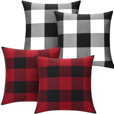 Imagem de Breling Conjunto de 4 capas de almofada xadrez xadrez Farmhouse Buffalo para decoração de Natal, Dia das Bruxas, Ação de Graças, cama de carro, sofá, 45,7 x 45,7 cm (preto, branco e preto vermelho)