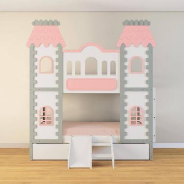 Imagem de Treliche Castelo Encantado com Kit Escada/Escorregador - Madeira Maciça Branco/Cinza/Rosa | Housin