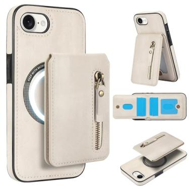 Imagem de Capa carteira removível para iPhone 16e compatível com carregamento sem fio Magsafe com suporte para cartão, bolso com zíper, suporte 2 em 1 à prova de choque (branca)