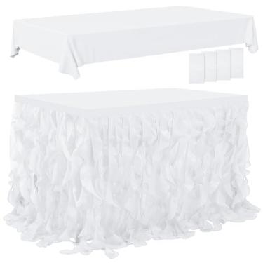 Imagem de FoldTier Saia de mesa de tule arco-íris de 1,8 m e 4 toalhas de mesa de plástico para mesa retangular tutu com organza encaracolada de camada dupla para sereia unicórnio festa de aniversário chá de