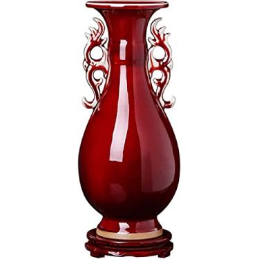 Imagem de LIFOND Vaso de flor de cerâmica vermelha, vaso de porcelana antigo de orelha dupla chinesa, 40 cm, grande para decoração de casa, vaso de flores com base, vaso de flores, decoração de mesa