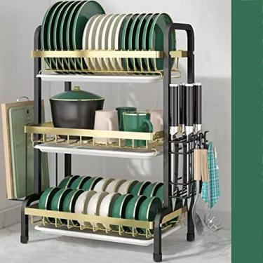 Imagem de AKALNNB Suporte de temperos de 3 níveis, escorredor de pratos grande ajustável para armazenamento de bancada de cozinha, conjunto de escorredor de pratos de cozinha compacto (preto 56 x 23,5 x 61 cm