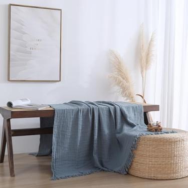 Imagem de Cobertor de musselina 100% algodão para cama, sofá, pequeno, decorativo, macio, pré-lavado, respirável e leve cobertor de gaze com borlas, adequado para todas as estações, cinza azul, 127 x 152 cm