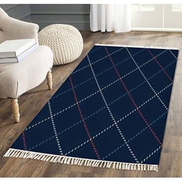 Imagem de Tapete de área com borlas Tattersall azul marinho vermelho bege sem costura abstrata xadrez xadrez tecido franja tapete tapete de chão tapete de corredor minimalista decoração de casa sala de estar