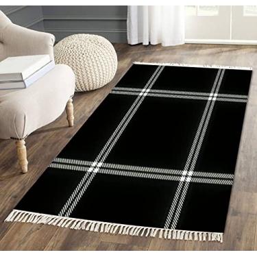 Imagem de Tapete de área com borla, xadrez, vidraça, preto, branco, sem costura, listrado, texturizado, xadrez, estampado, tecido, franja, tapete de chão, pátio, corredor, minimalista, decoração de casa, sala