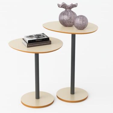 Imagem de Mesa de Canto para Sala, Mesa de Canto Sofa, Kit 2 Mesa Lateral Orgânica de Canto Design Haste Preta Monopé de Apoio(Off White/Cedro)