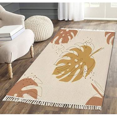 Imagem de Tapete de área com borla, estilo minimalista, cores naturais, tropical, patern, monstera, folhas, tecido à mão, com franja, tapete de chão, pátio, corredor, minimalista, decoração de casa, sala de