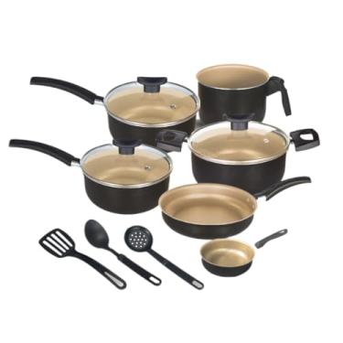 Imagem de Jogo de Panelas, Antiaderente, Fácil de Lavar, Aquece Uniformemente, Tampa de Vidro(Preto com Creme)
