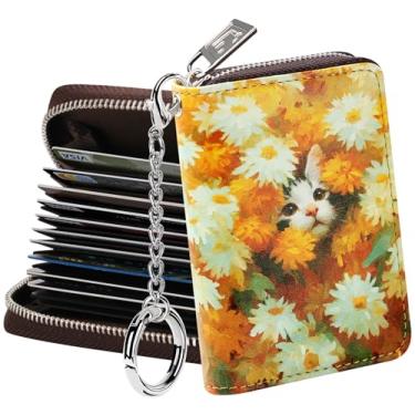 Imagem de FurArt Carteira feminina com zíper e bloqueio de RFID, porta-cartões de visita, porta-chaves de tamanho compacto, Margaridas e gatos, P