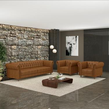 Imagem de Conjunto Sala de Estar 1 Sofá Living 200cm e 2 Poltronas Stanford Chesterfield Pés Madeira Couro Mel Manchado G58 - Gran Belo