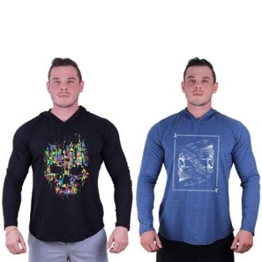 Imagem de Kit 2 Camisetas Manga Longa com Touca Longline Estampada Treino Academia Lazer Casual-Masculino