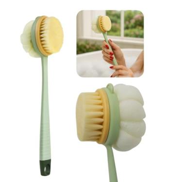 Imagem de Kit Escova E Bucha De Banho Grande Dupla Face com Cabo Longo Anatômico Cerdas Esponja Macias Esfregão Massageador Corpo Corporal Esfoliante Limpeza Profunda Lavar Costas Nylon Plástico Pendurador