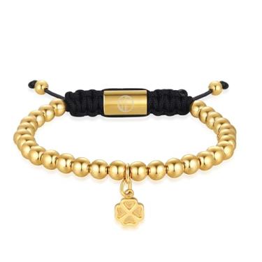 Imagem de WP WEPICK Pulseiras masculinas banhadas a ouro 18 quilates com cruz de estrela de oito garras, trevo de quatro folhas, coração e gato, pulseira com pingente de aço inoxidável, contas de ouro