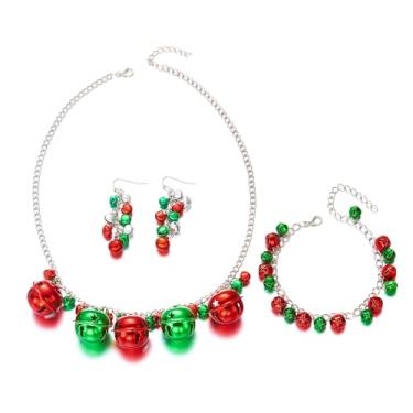 Imagem de GYRMMUE Conjunto de colar de brincos de Natal para mulheres, vintage vermelho verde Jingle Bell Ornamento corrente longa brincos pendentes pulseiras colares frisado gancho de Natal meias meias joias