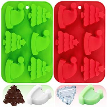 Imagem de Pacote com 2 moldes de silicone para chapéu de árvore de Natal, moldes de chocolate para assar 3D, molde de bolo de doces, vela de férias, molde de resina, sabão de pinheiro, molde de cubo de gelo