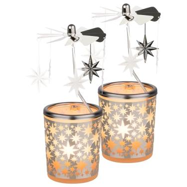 Imagem de Conjunto de 2 peças de castiçais de Natal com carrossel giratório [motivo estrela, 15 cm de altura] – Porta-luz de chá de vidro festivo para decoração de férias e advento
