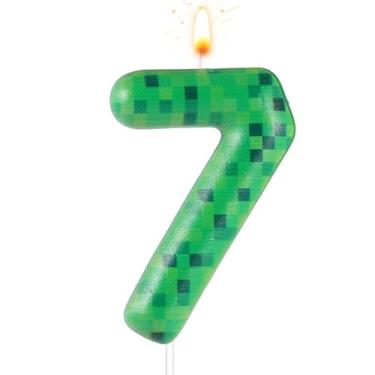 Imagem de Vela de bolo de aniversário Pixel Miner, vela de aniversário dinamite, número verde, vela de aniversário com tema TNT, para jogos de bolo de aniversário, suprimentos de decoração de festa (número 7)