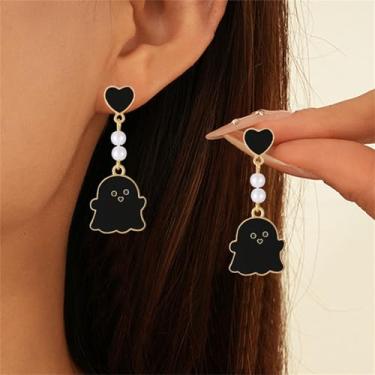 Imagem de Brincos de coração com pérolas de fantasma fofo para mulheres, criativos, engraçados, fantasmas, Halloween, cosplay, festa, bijuteria, Middle, Liga de aço, Sem pedra preciosa