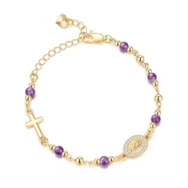 Imagem de Pulseira feminina de ouro virgem maria - pulseira de cruz religiosa banhada a ouro 14 K, joia delicada dourada não manchada Virgen De Guadalupe com contas de pedra natural, presente de confirmação de