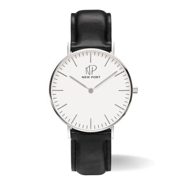 Imagem de Relógio Masculino prata Couro Preto 40mm minimalista New Port