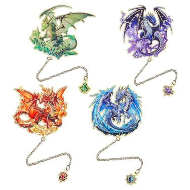 Imagem de Marcadores de livro Fantasy Fourth Wings Dragon - 4 designs: vermelho fogo, azul gelo, roxo trovão, verde floresta - marcadores exclusivos de metal legal para homens e mulheres, presente inspirador