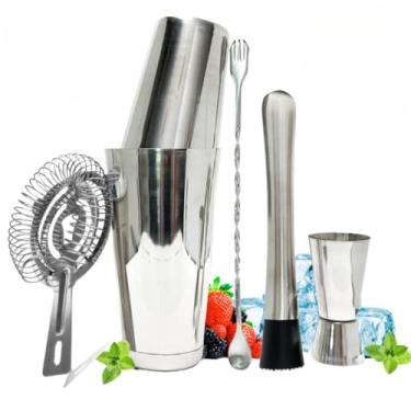 Imagem de Kit barman 5 peças Inox Coqueteleira Boston Socador Dosador Colher Coador Strainer Profissional