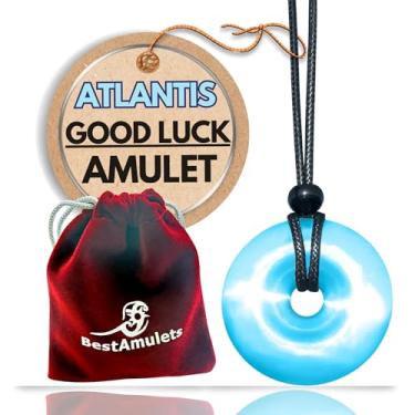 Imagem de Colar com pingente de donut em forma de moeda da sorte Atlantis – cristal de olho de gato azul celeste simulado de 40 mm – Amuleto de energia positiva portal oceânico – talismã de proteção de cordão