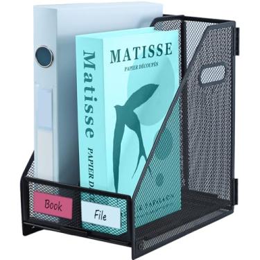 Imagem de TSDRBWO Suporte de arquivo de revista de malha de metal, 2 compartimentos verticais para documentos de mesa com alça, rack de armazenamento de arquivos de escritório para arrumar a mesa, organizador