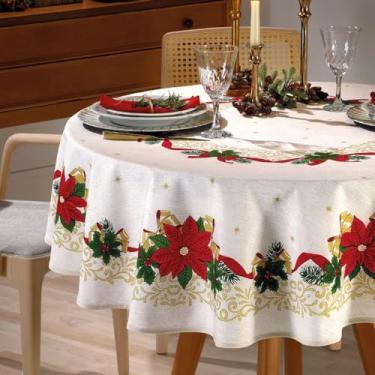 Imagem de Toalha de Mesa Natalina Redonda 1,60m 4 Lugares - Cores Vermelha, Verde e Branca com Estampa Papai Noel(Natal 105)