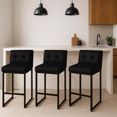 Imagem de Banqueta Cozinha Alta Com Encosto Industrial Kit 3 Preto Lirina Pu Preto C05 - D'rossi