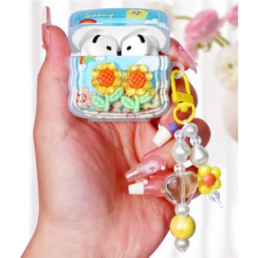 Imagem de Boaretiu Capa para Airpods 4 2024 para mulheres, meninas, meninas, fofa, kawaii - Capa feminina elegante com design de girassol com mosquetão e Kaychain para Air pods 4