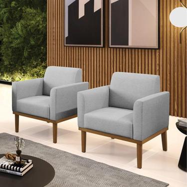 Imagem de Kit 2 Poltronas Decorativas Pés Fixo Em Madeira Castanho Linho Cinza