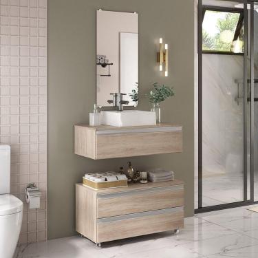 Imagem de Conjunto De Gabinete Banheiro Creta 80cm (gabinete+cuba+espelheira) Madeirado Inteiro