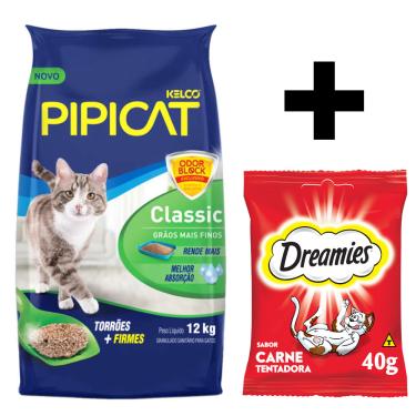 Imagem de Kit 1 Unidade de Areia para Gato Pipicat Classic 12Kg 1 Unidade de Petisco Dreamies Carne Tentadora Gatos Adultos 40g