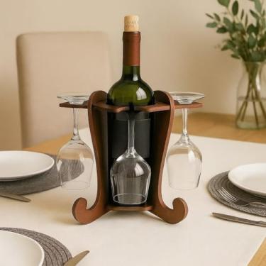 Imagem de Adega Suporte de 4 taças e Vinho ou Espumante para Mesa Em Madeira MDF, porta vinho,suporte para vinho(TABACO)