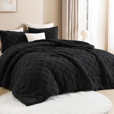 Imagem de Litanika Jogo de cama King Size fofo, preto, 3 peças de lã de ovelha quente, conjunto de cama de inverno jacquard xadrez felpudo (1 edredom, 2 fronhas)