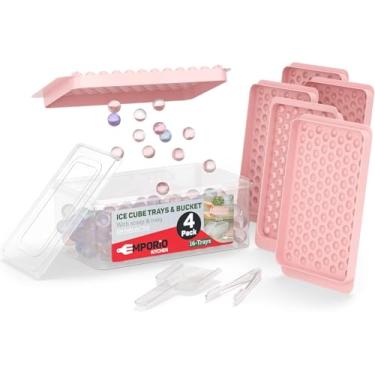 Imagem de Conjunto de 4 bandejas de gelo redondas empilháveis sem BPA com tampa e pinça, 104 bolas de gelo por bandeja para uísque, bebidas e coquetéis, molde redondo de cubo de gelo de liberação rápida, rosa